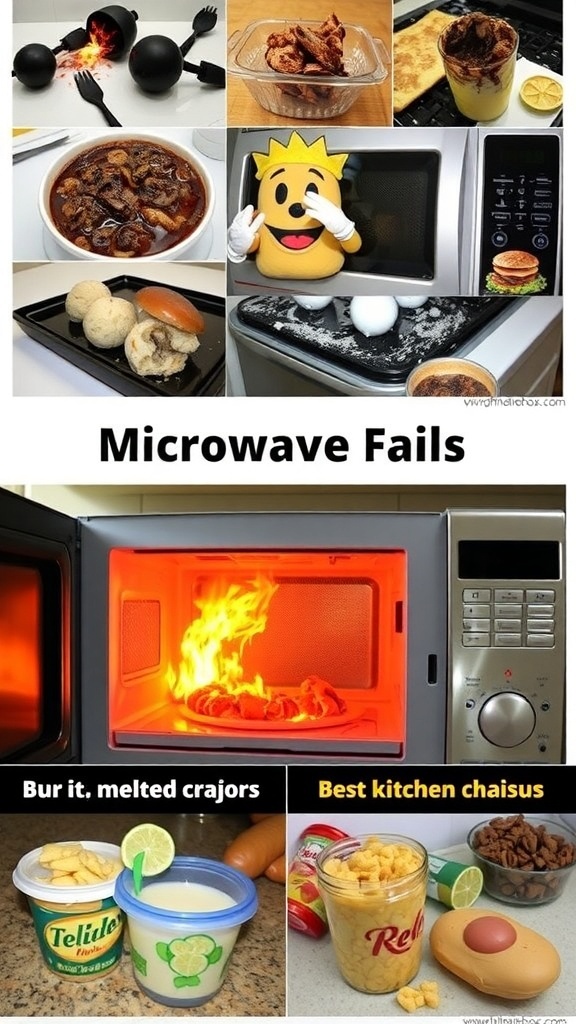 A collection of funny microwave mishaps including burnt food and melted containers.